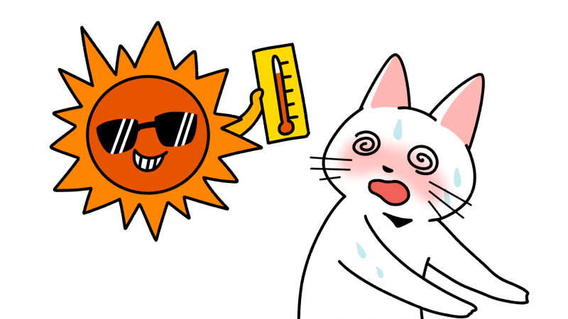 猛暑日に熱中症になりそうな猫と太陽のイラスト