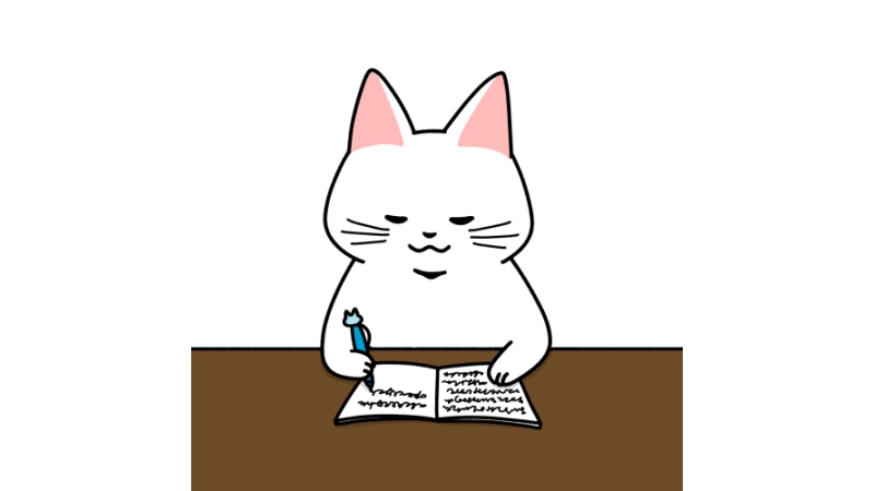 勉強する猫のイラスト（机色あり）