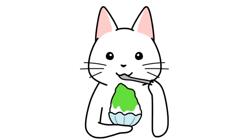 メロン味のかき氷を食べる猫のイラスト