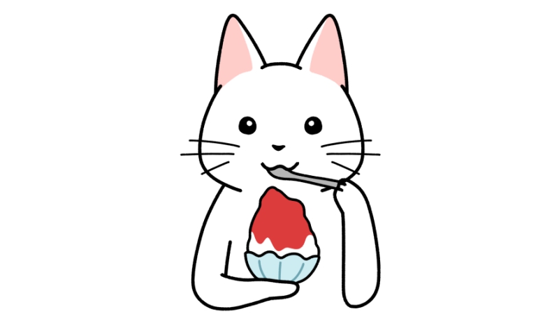 イチゴ味のかき氷を食べる猫のイラスト
