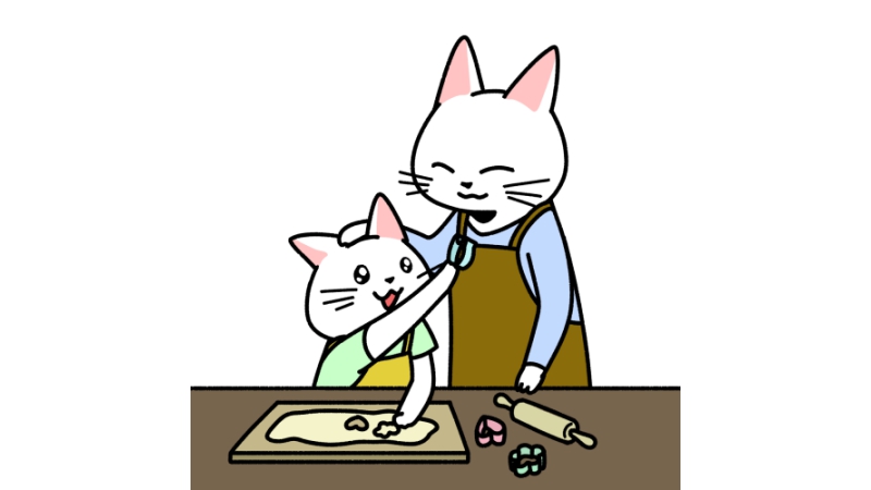 クッキーを作る猫の親子のイラスト
