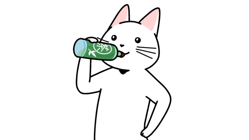 ペットボトルの緑茶を飲む猫のイラストです