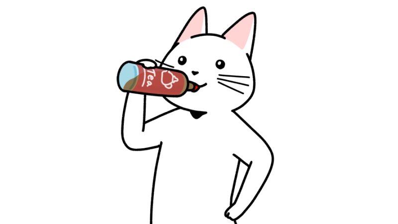 ペットボトルの紅茶を飲む猫のイラスト