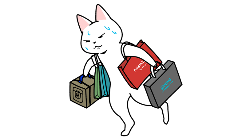買い物しすぎて荷物が重い猫のイラスト