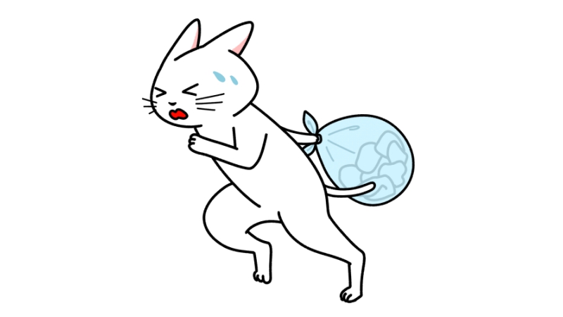 ゴミ袋を持って走る猫のイラスト