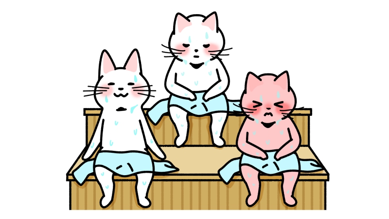 サウナで座る三匹の猫のイラスト