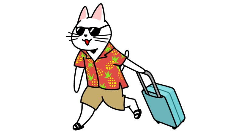 スーツケースを持って歩くアロハシャツを着た猫のイラスト