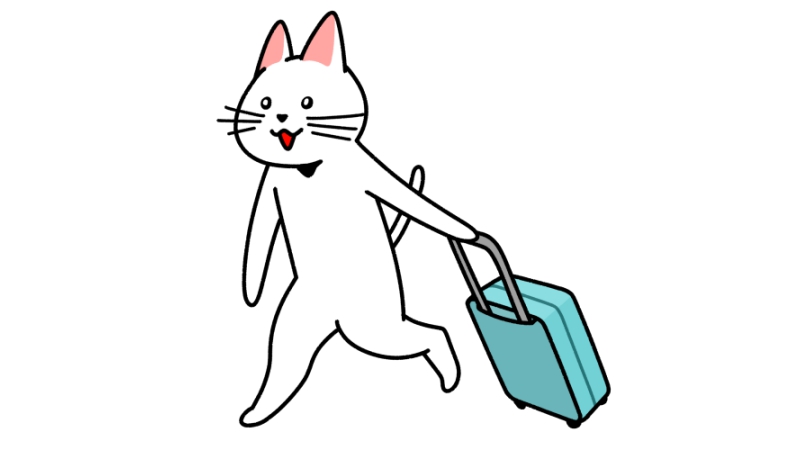 スーツケースを持って歩く猫のイラスト