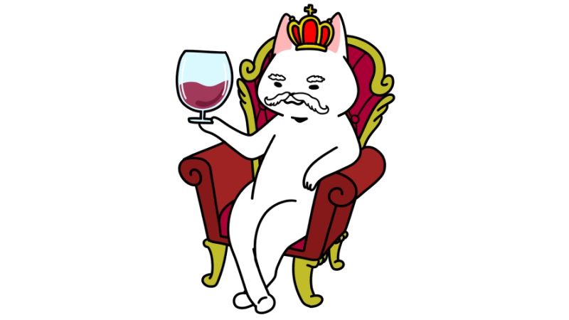 ワイングラスを持った王様猫のイラスト