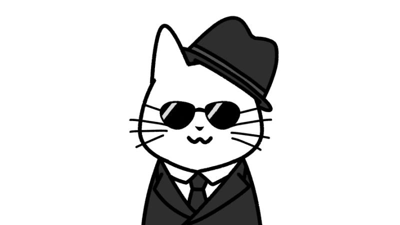 スパイの服装の猫のイラスト