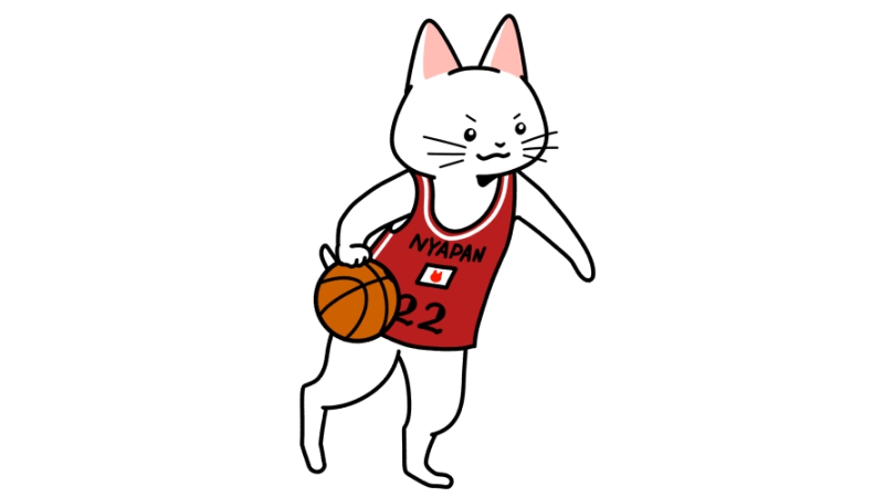 バスケットボールでドリブルする猫のイラスト（ユニフォームあり）