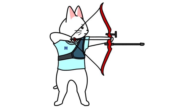 アーチェリーの弓を引く猫のイラスト（ユニフォームあり）