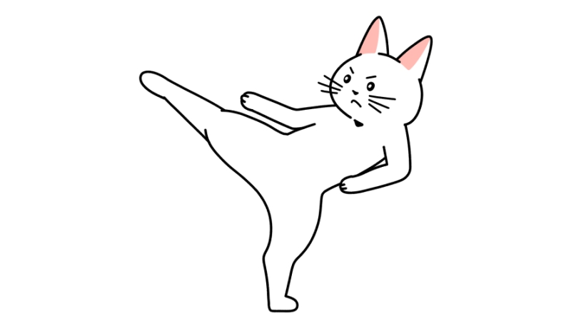 空手で上段蹴りをする猫のイラスト