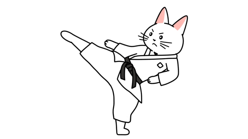 空手で上段蹴りをする猫のイラスト（ユニフォームあり）