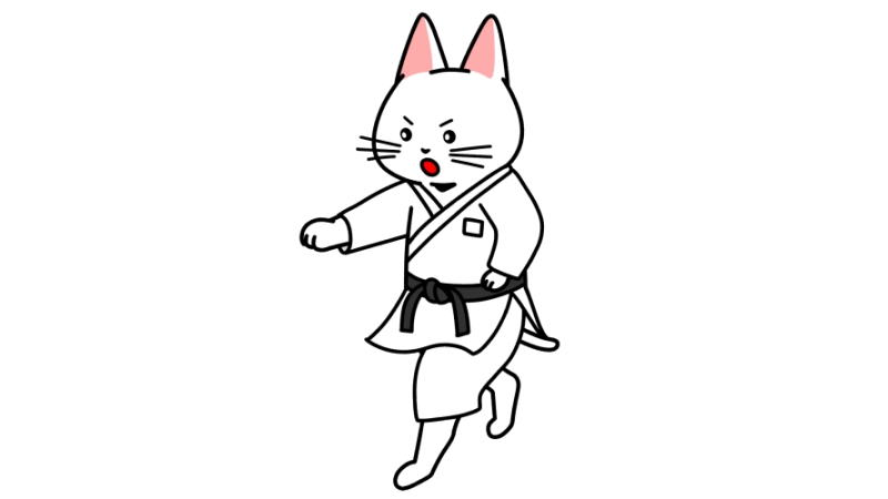 空手で正拳突きをする猫のイラスト（ユニフォームあり）