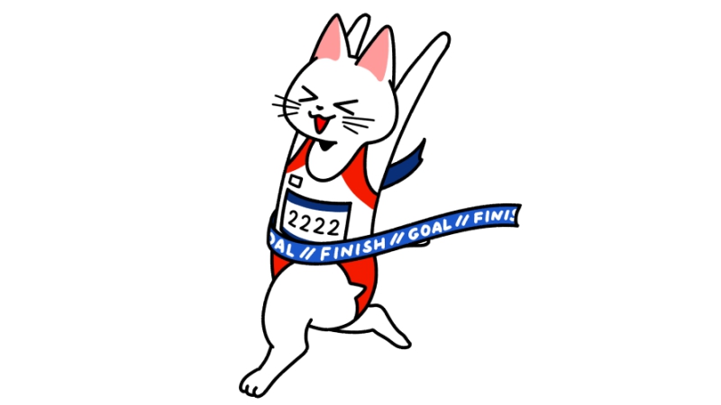 マラソンでゴールする猫のイラスト（ユニフォーム）