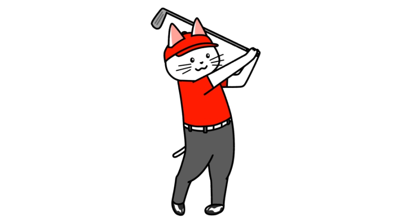 ゴルフでスイングする猫のイラスト（ユニフォームあり）