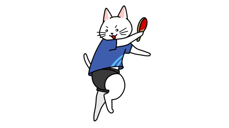 卓球で球を打つ猫のイラスト（ユニフォーム）