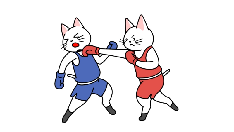 ボクシングの試合をする猫のイラスト（ユニフォームあり）
