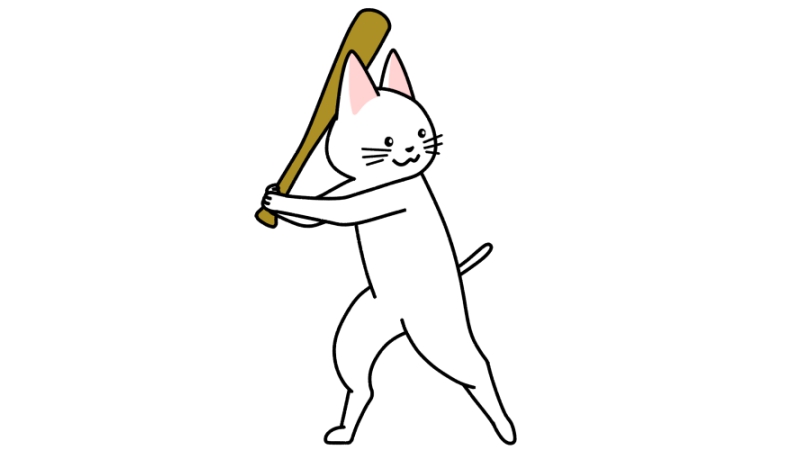 野球でバッターをする猫のイラスト