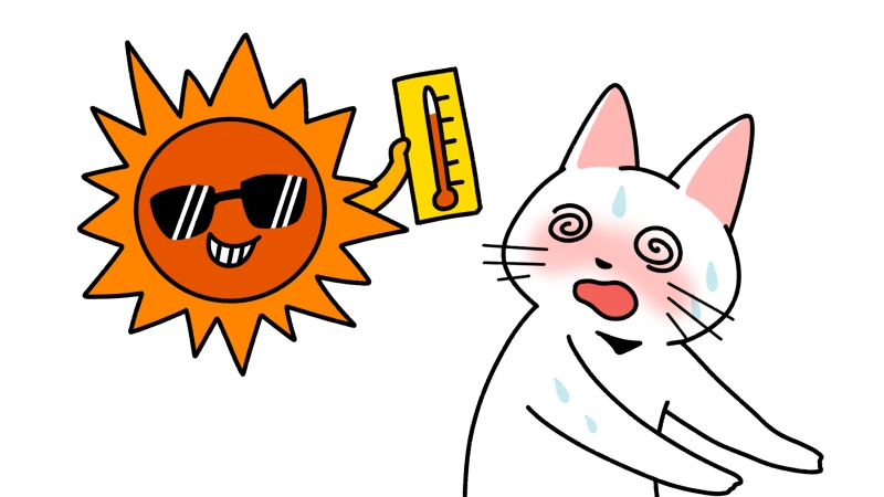 猛暑日に熱中症になりそうな猫と太陽のイラスト