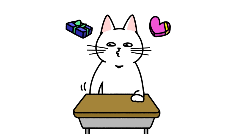 バレンタインに机の中のチョコを探す猫のイラスト