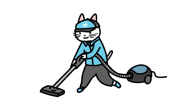 掃除機をかける猫の清掃員のイラスト