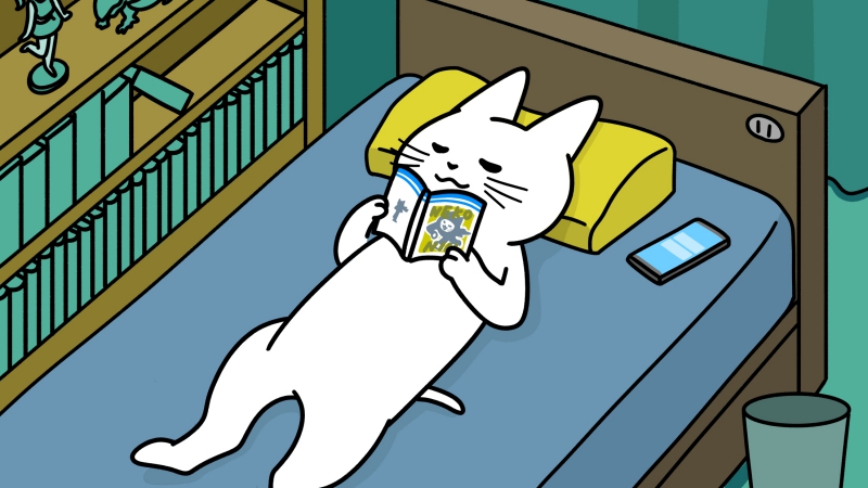 ベッドで漫画を読む猫のイラスト