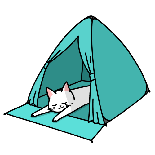 ワンタッチテントで寝る猫のイラスト