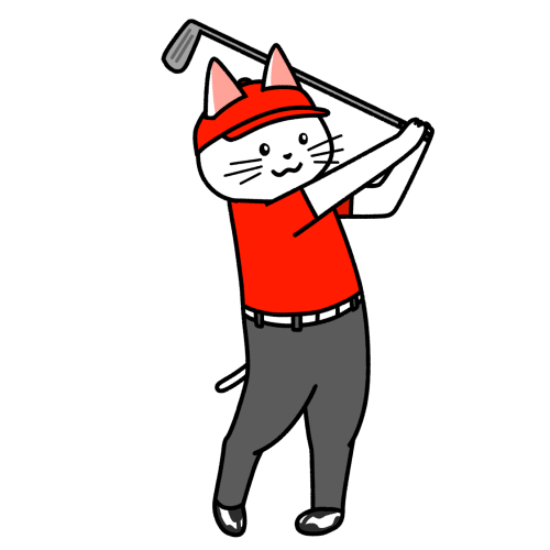ゴルフでスイングする猫のイラスト（ユニフォームあり）