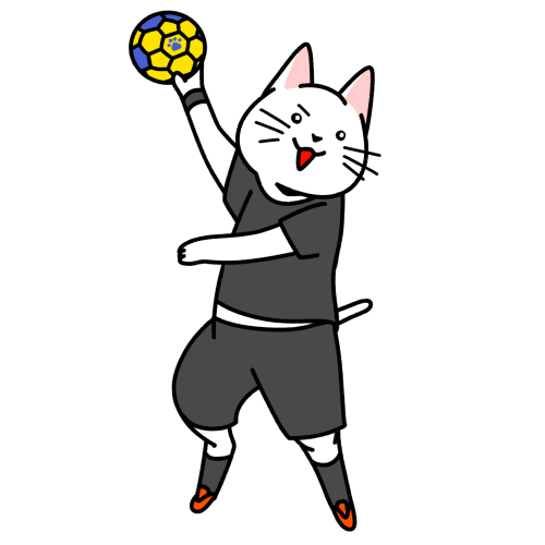 ハンドボールをする猫のイラスト（ユニフォームあり）