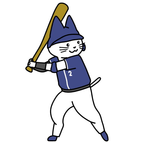 野球でバッターをする猫のイラスト（ユニフォームあり）