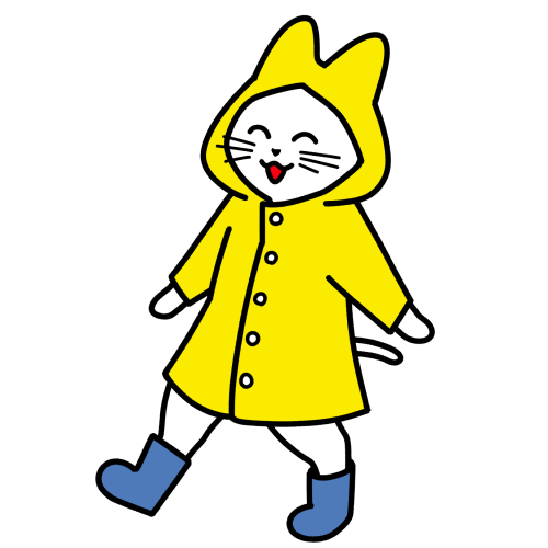 ニコニコ笑顔で歩くレインコート姿の猫のイラスト