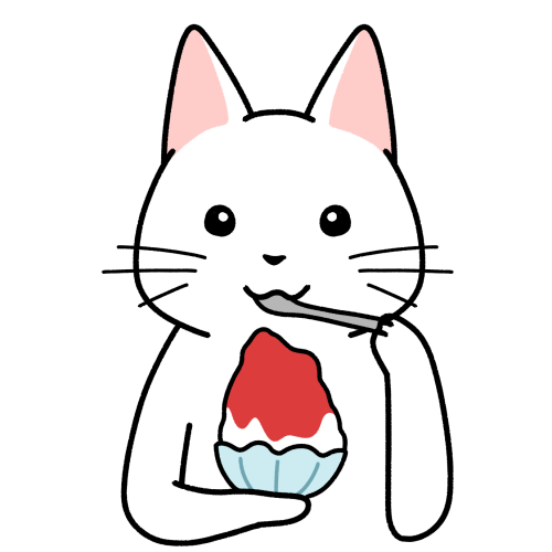 イチゴ味のかき氷を食べる猫のイラスト