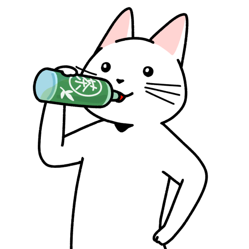 ペットボトルの緑茶を飲む猫のイラストです