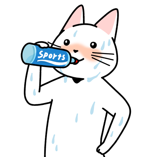 暑い日にペットボトルのスポーツドリンクを飲む猫のイラスト
