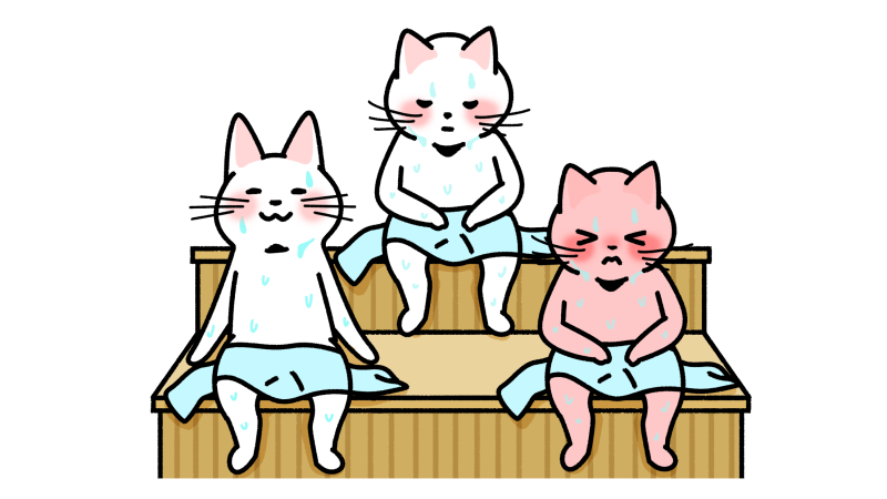 サウナで座る三匹の猫のイラスト