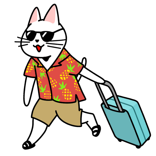スーツケースを持って歩くアロハシャツを着た猫のイラスト