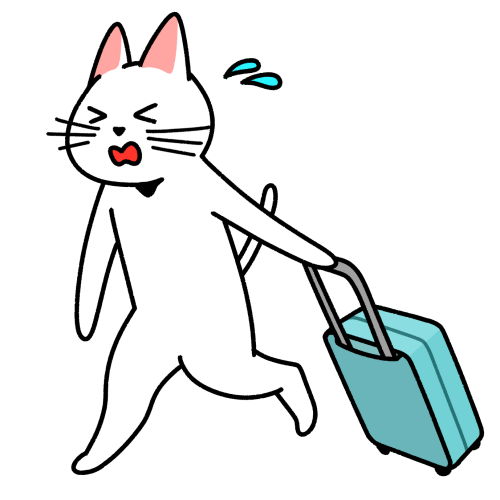遅刻で慌てて走るスーツケースを持った猫のイラスト