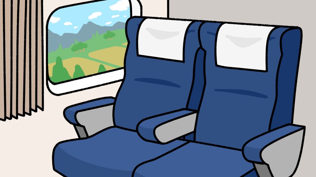 田園風景が車窓から見える新幹線の座席イラスト