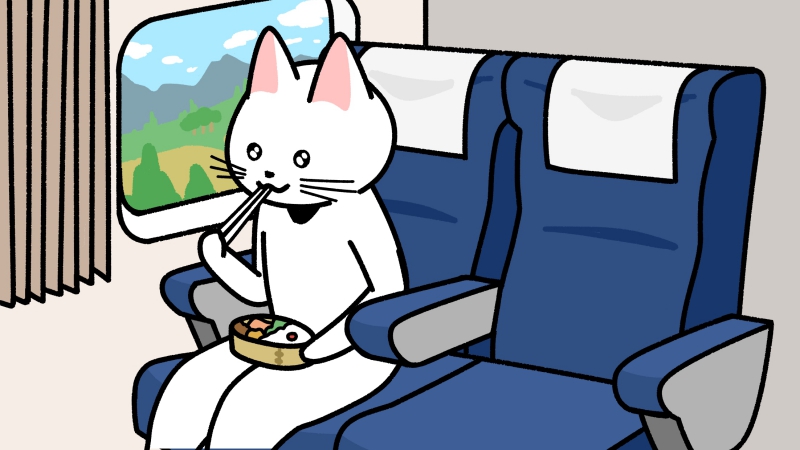 電車の座席で駅弁を食べる猫のイラスト