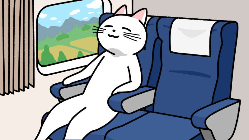 電車の座席で寝る猫のイラスト