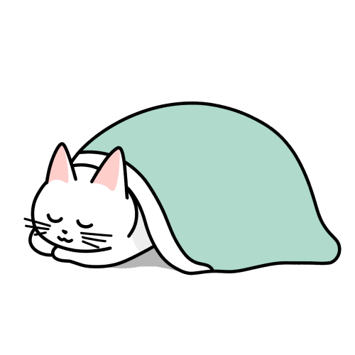 布団をかぶってうつ伏せに寝る猫のイラスト